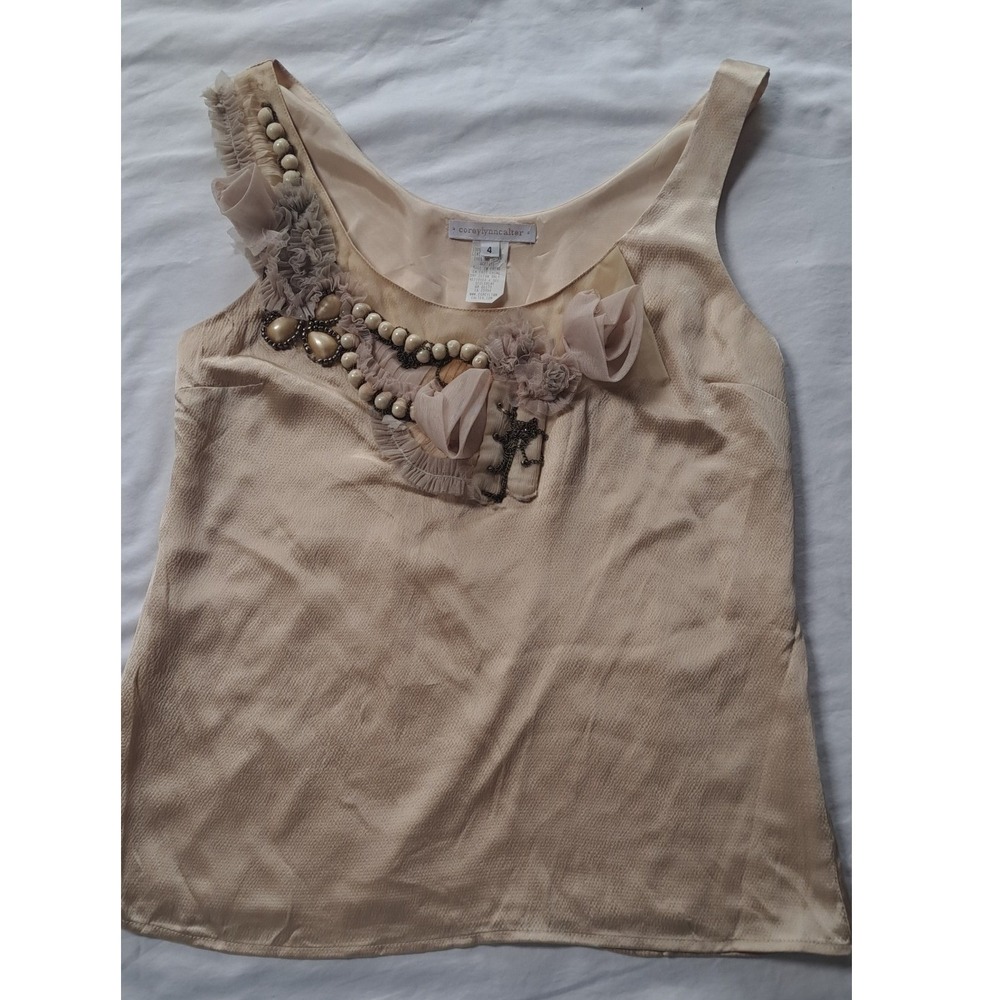 Corey Lynn Calter Silk Tank Top Beige Rosette Pearl Embellished Size 4